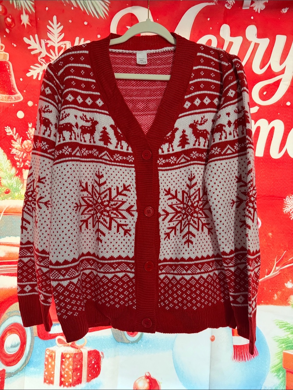 Red and White Snowflakes Button-Up Cardigan Sweater